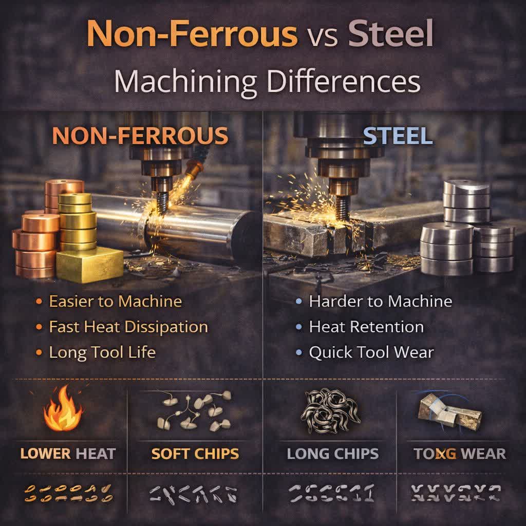 تفاوت ماشینکاری فلزات غیرآهنی با فولاد در CNC | بررسی مهندسی و عملی